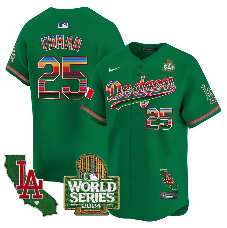 Men MLB Mexico Los Angeles Dodgers 25 Edman green 2024 World Series Champions Patch Jersey 2024110 style 3